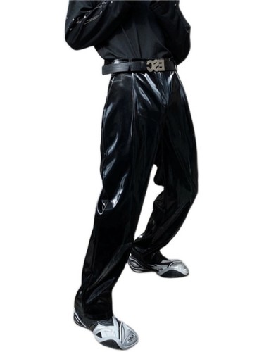 Hombres Pantalones de Cuero Brillante Pierna Recta Motocicleta Pantalones Negros Escenario Fiesta Pantalones - Imagen 5 de 8