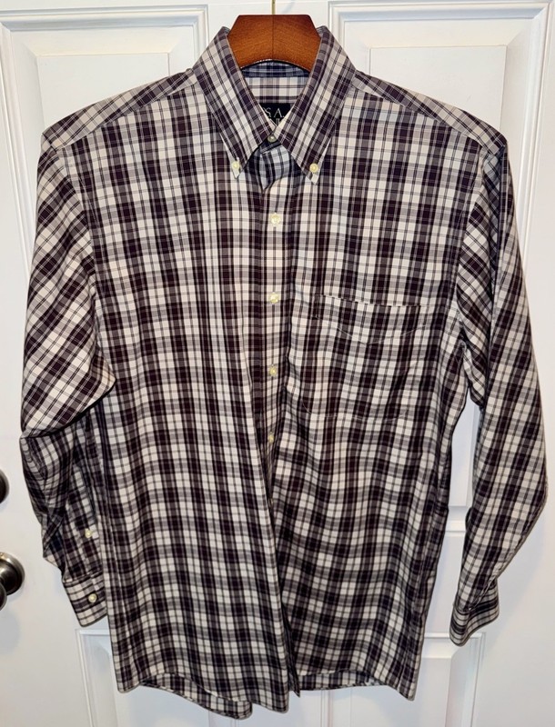 Jos A Bank Mens Cotton LS Button Up Dark Taupe White Plaid Dress Shirt Small