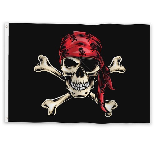 Piratenflagge 6 x 10 Fuß roter Schal lustig Roger gruselig Totenkopf gekreuzte Knochen Skelett Fla... - Bild 1 von 7