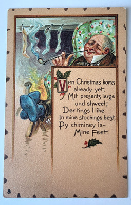 VTG 1906 TUCK CHRISTMAS LEATHERETTE PC GENT ENJOYS PIPE W/ FEET UP BY FIRESIDE
