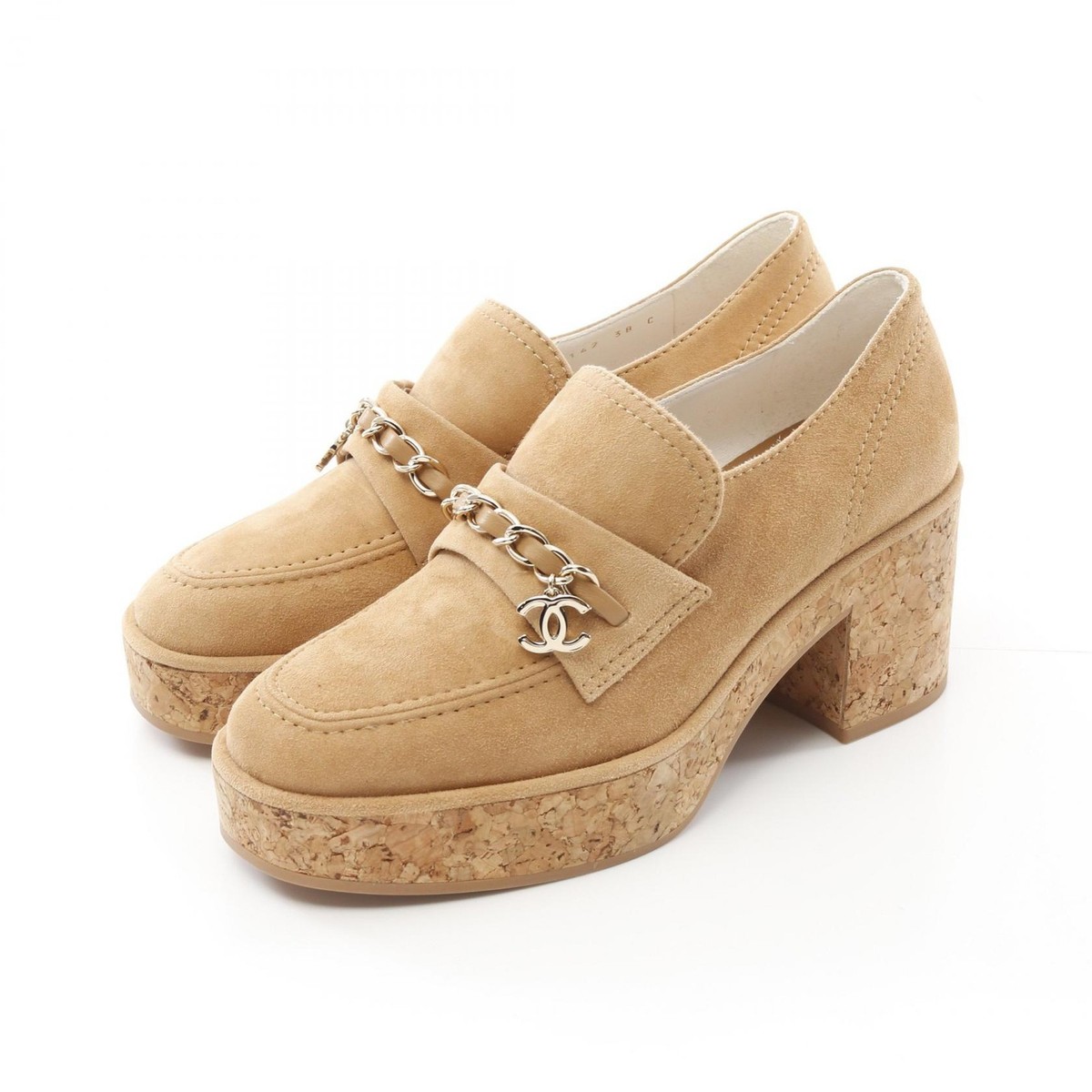 CHANEL COCO Mark loafers shoes #38 heels G45142 Suede Beige