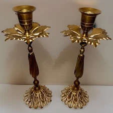 Unusual Pair Brass Candlesticks with Leafy Bobeches and Bases 8 1/4" High