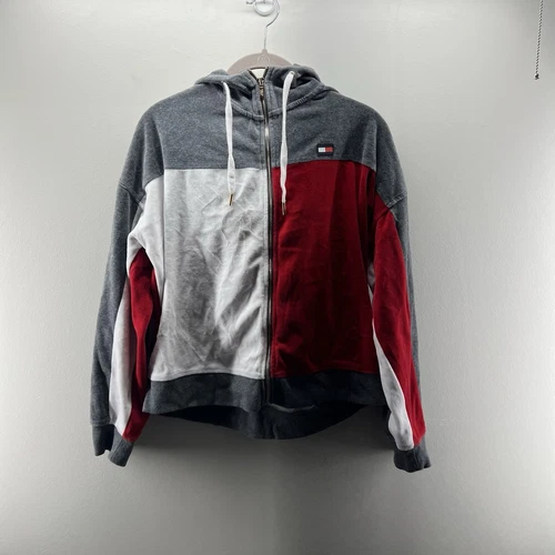 Tommy Hilfiger Jacket Womens Large Gray Red White Hooded Full Zip Velour - Picture 1 of 6