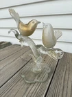 Vintage Murano Glass Hand Blown Birds on Branch Figurine Clear and Gold