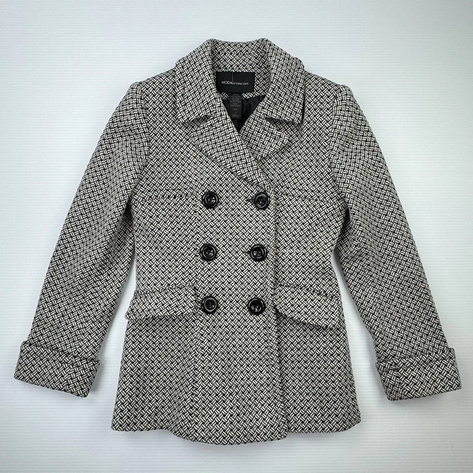 Moda International Wool Blend Peacoat Jacket Womens Small Black White Tweed Coat - Image 2 of 4