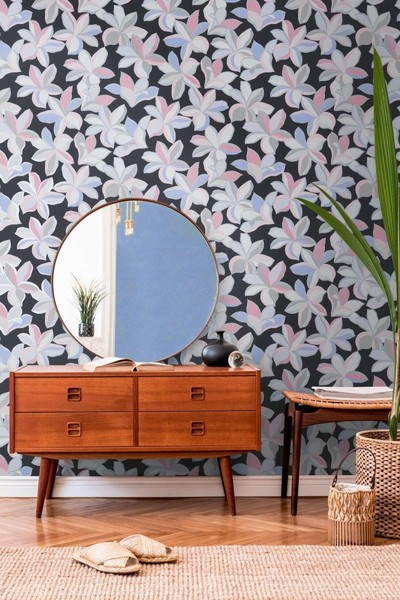 Blumenmuster Mit Glanzeffekt Und Feiner Struktur – Schwarz, Grau, Rosa-image
