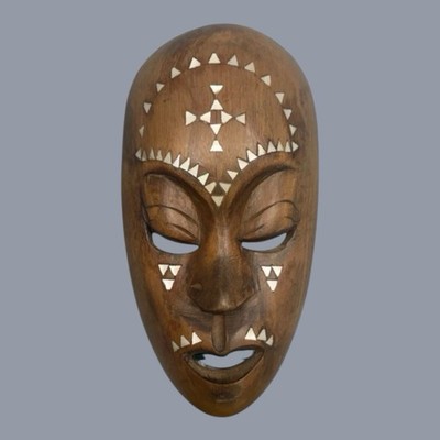 Tribal Face Mask Hand Carved Wood Mother of Pearl Inlay Wall Hanging Vtg