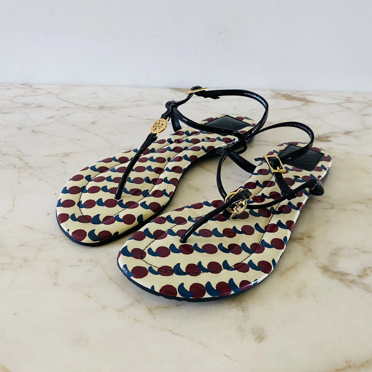 TORY BURCH Beige Burgundy Blue Print Thong Sandal US 7