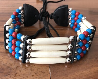 Native American Tribal Buffalo Bone Choker Necklace Beaded Stone Multi Color
