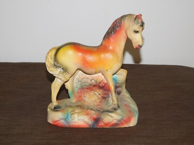 #ad VINTAGE 10quot; HIGH 8quot; LONG COLORFUL CHALKWARE HORSE $74.99