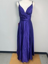 JJ's House Purple V-Neck Long Satin Bridesmaid Dress Sz 6 255086 Pleated Bodice