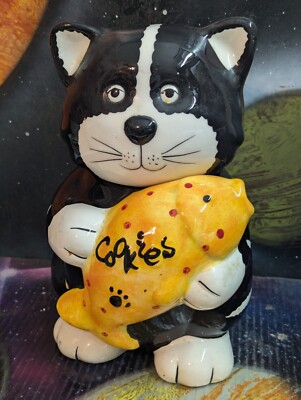 Vintage 10'' CKAO Black & WhiteCat Holding Yellow Fish Cookie Jar Montgomery Ward