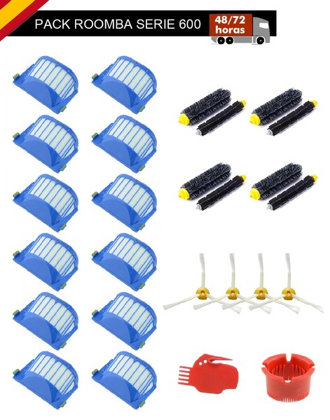 PACK COMPATIBLE CON ROOMBA SERIE 600: 12 FILTRO,4 RODILLO,4 CEPILLOS,2 LIMPIADOR