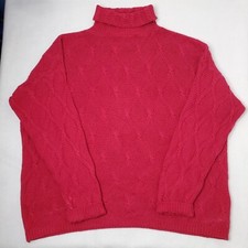 Eddie Bauer Sweater Womens XL Red Turtle Neck USA MADE Fisherman Chunky Knit Red
