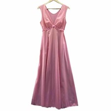 Vintage Vanity Fair Long Pink Nylon Nightgown Semi Sheer Waist Bow Size 32 Read