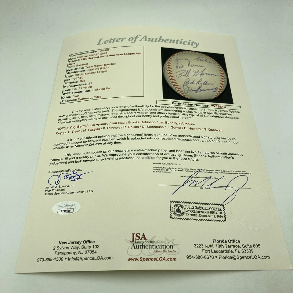 1962 All Star Game Team Signed Official National League Baseball JSA COA - Image 3 of 4