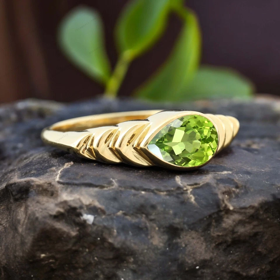 9k Solid Gold 7x5 MM Pear Shape Natural Peridot Ring Solitaire Proposal Ring - Image 2 of 4