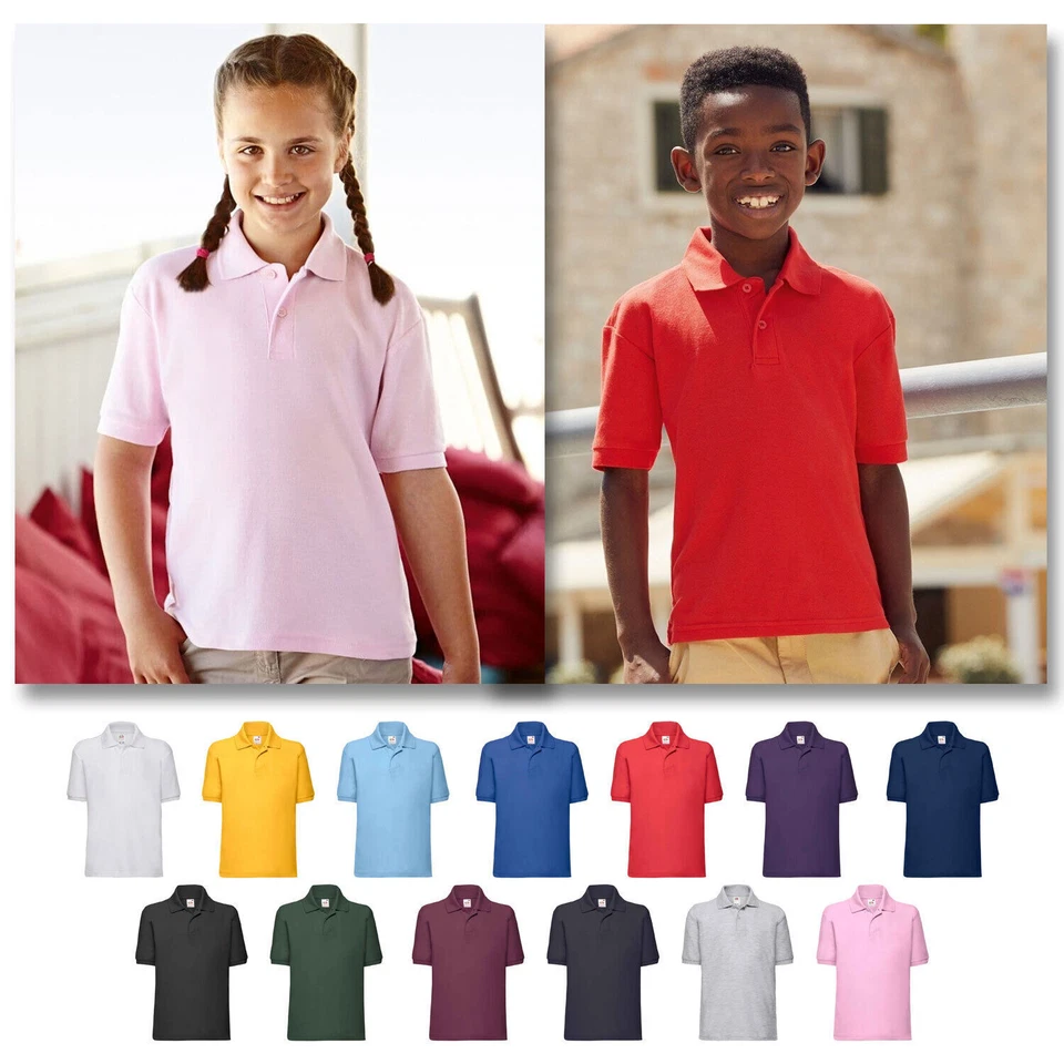 FRUIT OF THE LOOM FOTL Unisex Polo T Shirt School Uniform Plain Kids Tee Top Sports PE Boys Girls