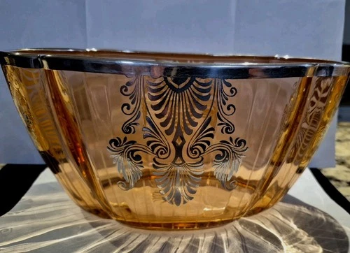 Art Deco Large Pink Depression Glass Sterling Silver Overlay Center Piece Bowl.