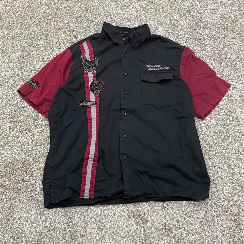 Camisa abotonada Y2K Harley Davidson motocicleta motociclista parches negros para hombre L 23x27 Foto 3 de 4