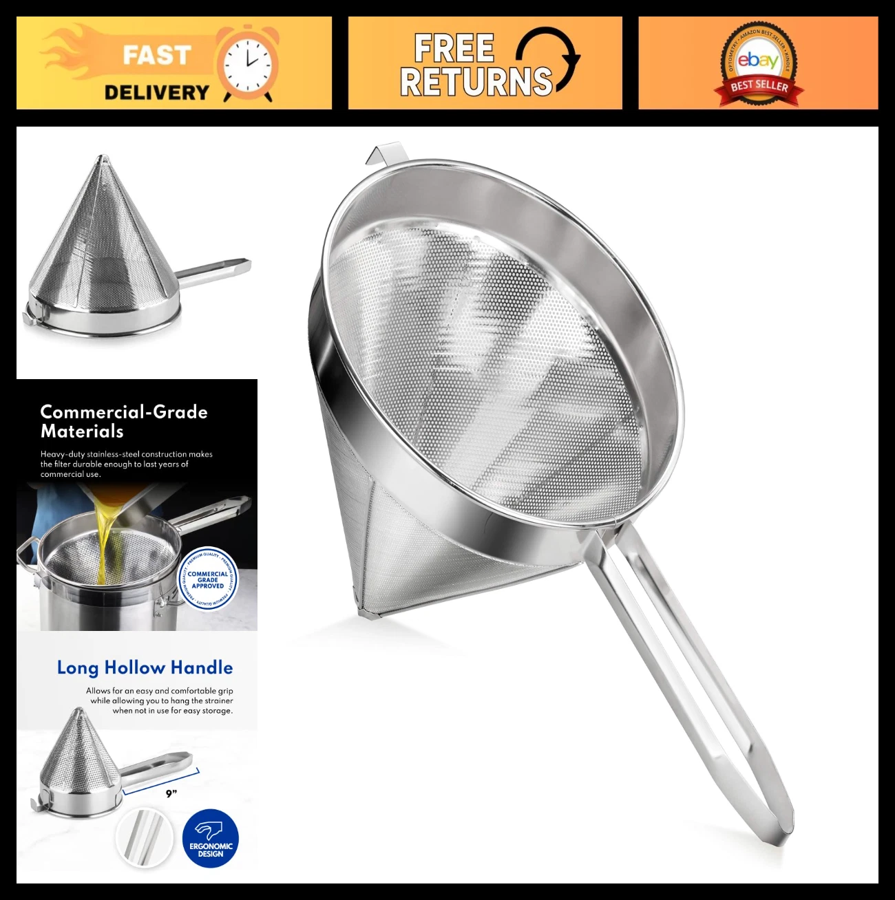 18/8 Stainless Steel China Cap Strainer - 8-Inch Fine Mesh Kitchen Tool