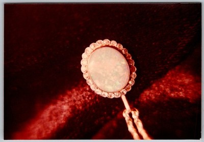 Vtg Color Snapshot Close-Up Elegant Oval Opal Pendant Jewelry Red Velvet 1970s