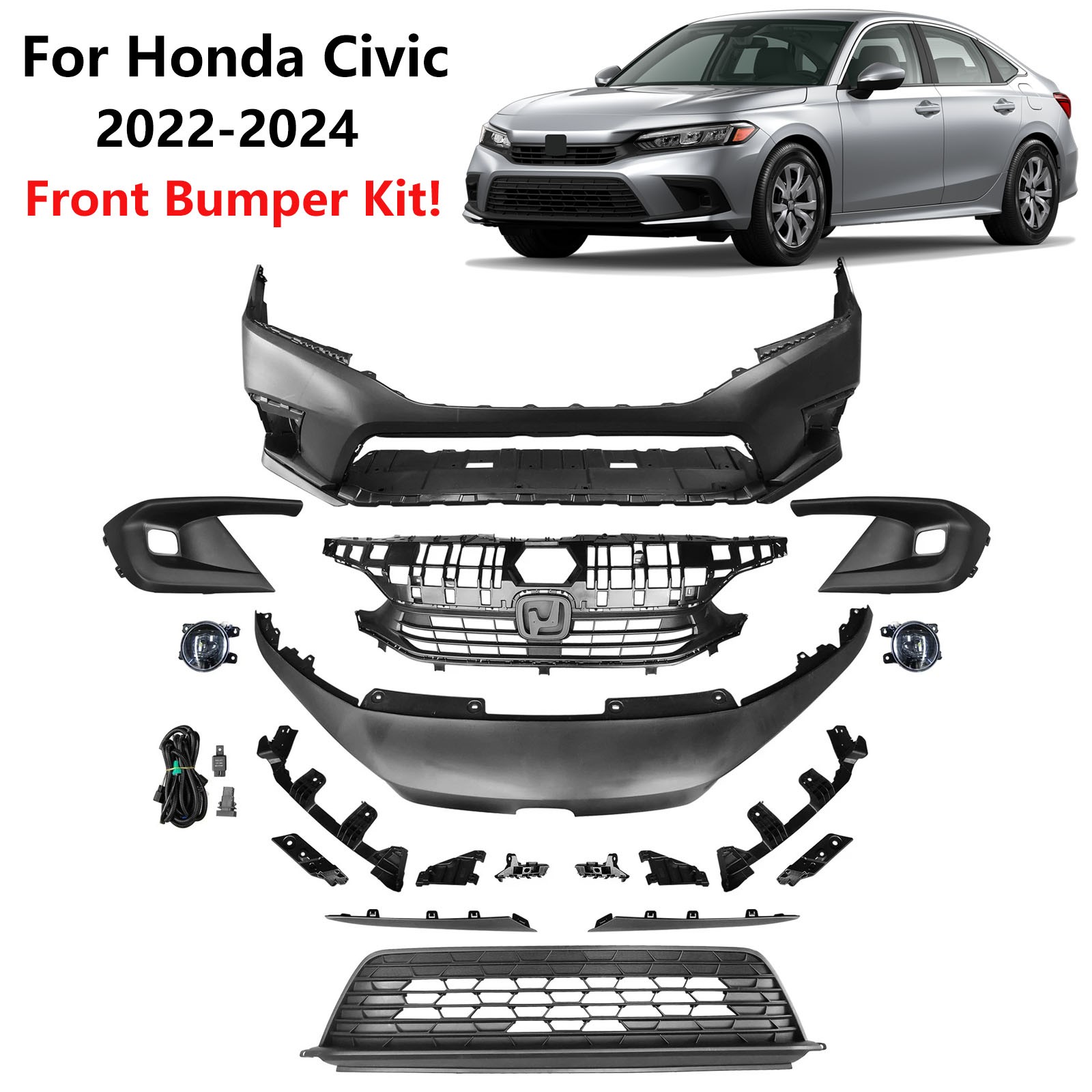 For 2022-2024 2023 Honda Civic LE EX Front Bumper Cover Grille Assembly Kit
