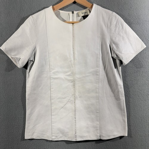 Neiman Marcus Exclusive Womens White Perforated Genuine Leather Short Sleeve Top