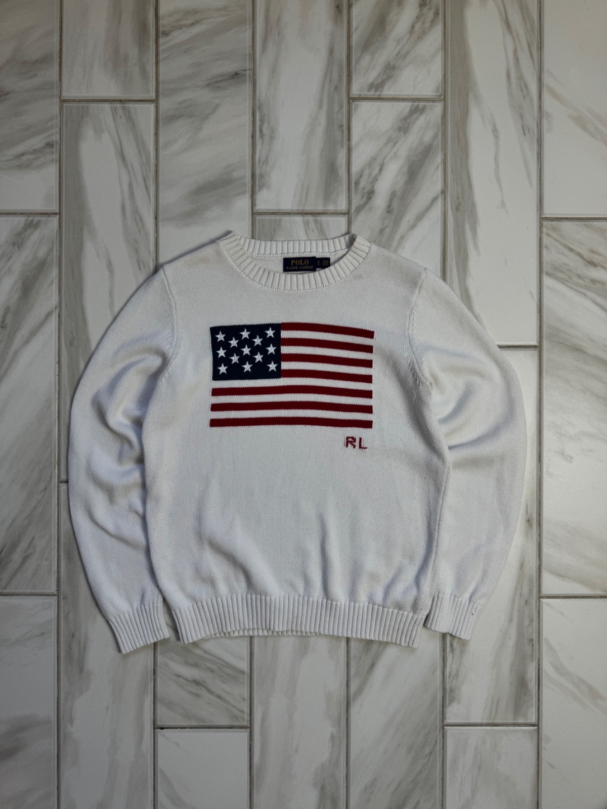 Polo Ralph Lauren Flag Sweater White Knit Cotton Crewneck WMN Size M Vintage 