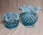 VINTAGE FENTON HOBNAIL BLUE OPALESCENT RUFFLED VASE/ROSE BOWL (PAIR 3in & 4.5in)