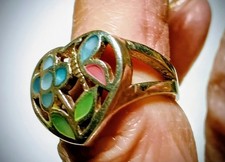 Colorful Mother Of Pearl Heart Motif Pastel 925 Vintage Silver Ring Size 7