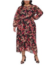 Tommy Hilfiger Womens Poppy Chiffon Midi Dress, black, Plus Size, 22W