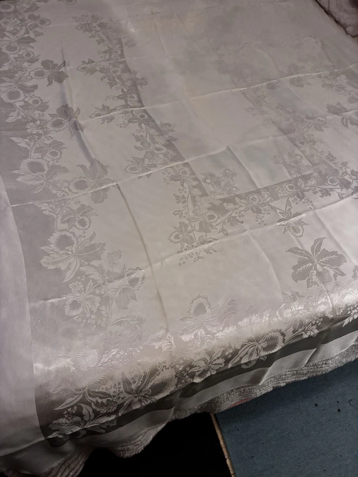 Silky Soft Vintage Jacquard White Tablecloth 5ft X6.7 Ft Holiday Floral - Image 2 of 4