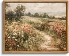 Framed Canvas Wall Art,Vintage Decor,Landscape Nature Country Wildflower Pain...