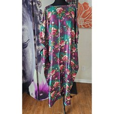 California Dynasty Vintage Floral Kaftan Maxi Robe Purple Teal Satin OS 141390