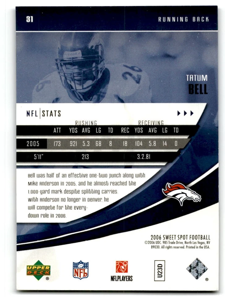 2006 Upper Deck Sweet Spot #31 Tatum Bell Denver Broncos - Image 2 of 2