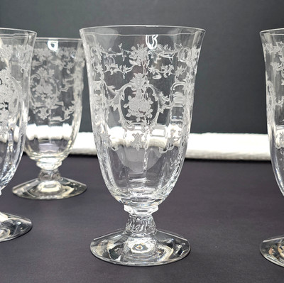 6 pc Fostoria Navarre Lenox Crystal Etched Footed Iced Tea Juice Glasses Set
