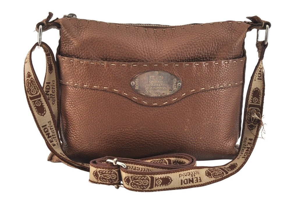 Authentic FENDI Selleria Shoulder Cross Body Bag Purse Leather Brown 3774L