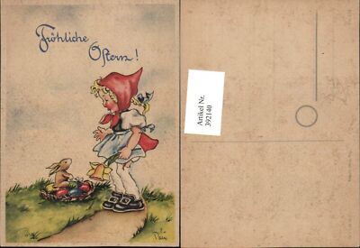 392140,Künstler AK Marg. Palu Ostern Mädchen Narzisse Osterhase Hase Ostereier