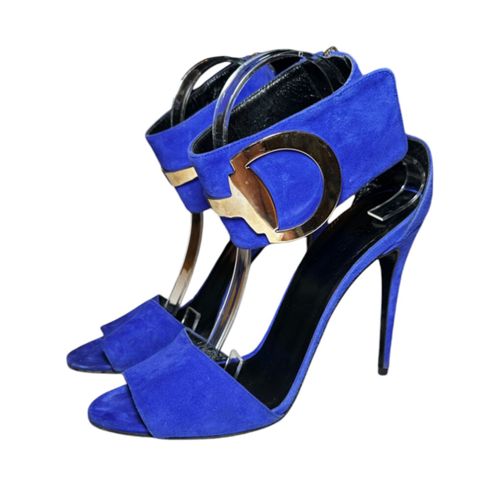Gucci Ursula Blue Suede Maxi Horsebit Ankle Strap Heels Sandals