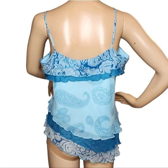 Blusa Top Y2K Años 90 Seda Correa Espagueti Azul Paisley Cuentas Lentejuelas Hippie Delicada Foto 4 de 4