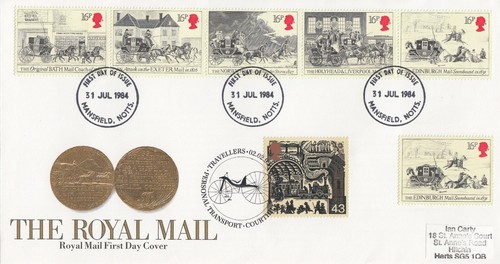 Mail Coach FDC DOUBLED Mansfield 1984 + Travellers Tale Courthill 1999 (53127)