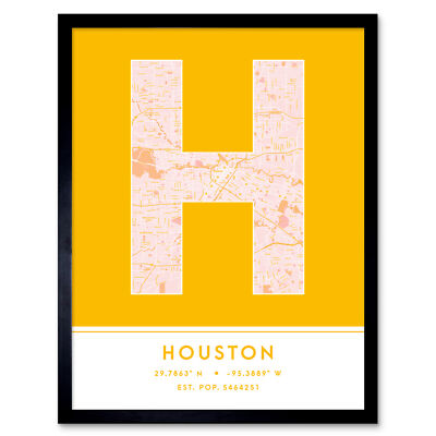 Houston Texas USA Stadtplan Typografie gerahmter Wandkunstdruck 12 x 16 Zoll