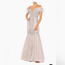 Mac Duggal 20246 Off-The-Shoulder Feather Embellished Mermaid GownSoft pink Sz 6