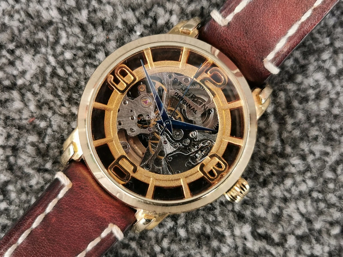 Stuhrling Automatic CAL.ST90050 20 Jewels Skeleton Goldtone Round Face Watch