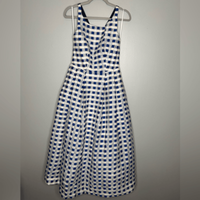 gingham fit and flare dress Pink Gingham Fit & Flare Midi Dress Bow Tie Straps Square Neck Women M