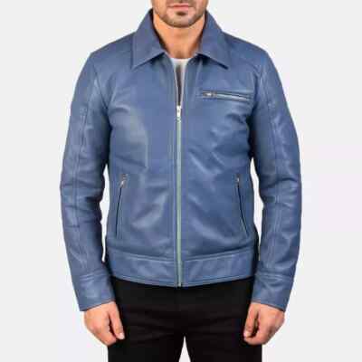 Leather Genuine Men's Jacket Stylish Casual Soft New Blue Handmade Lambskin Fit
