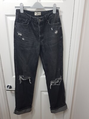 Free People High Rise Straight Leg Ripped Knee Fold Up Black Jeans W29 L32 US 26