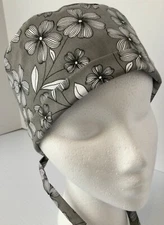 Gray Floral Lined Medical Scrub Cap Surgery Hat Chef Dental Anesthesiologist
