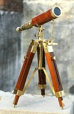 Vintage Nautical Brass Telescope with Leather Covering & Wooden Tripod Stand.